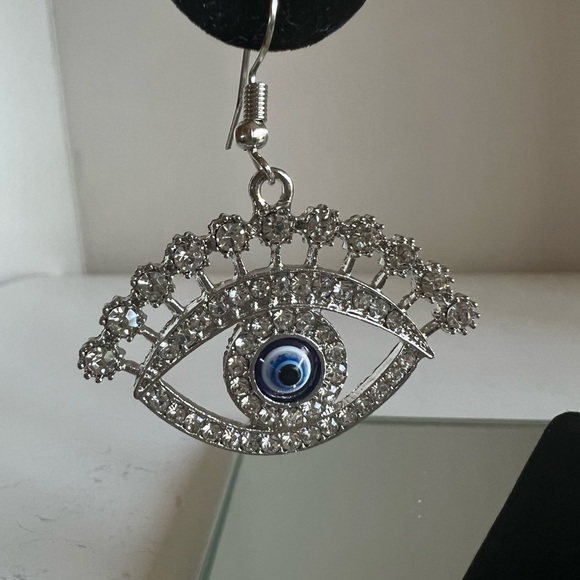 Silver rhinestone evil eye dangle drop chandelier earrings - Picture 8 of 10